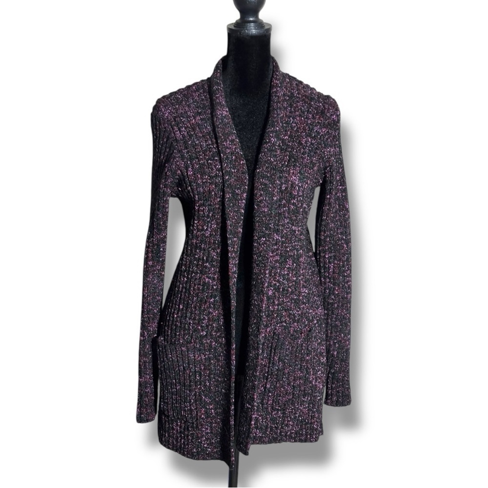 Apt. 9 Black and Purple Chunky Knit Open Front Long Sleeve Cozy Cardigan Sweater